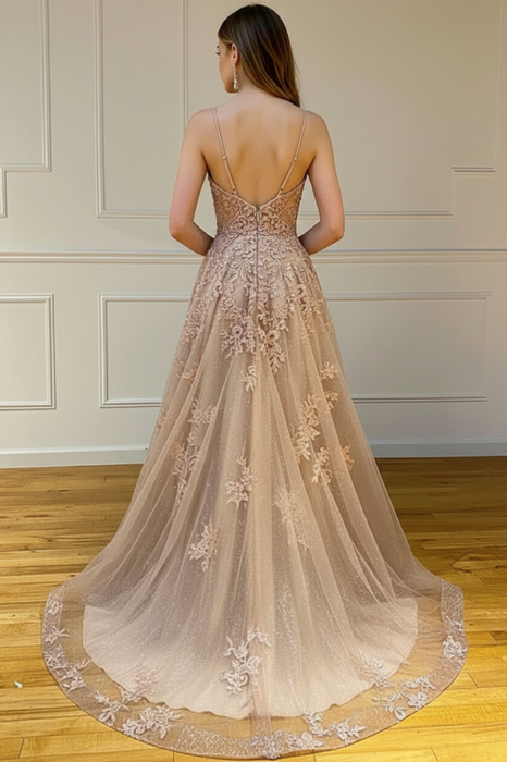 A Line V Neck Lace Champagne Long Prom Dresses Sleeveless Formal Graduation Evening Dresses