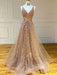 A Line V Neck Lace Champagne Long Prom Dresses, Champagne Lace Formal Graduation Evening Dresses