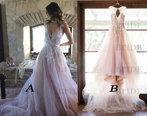 A-line V-neck Lilac Appliques Sleeveless Tulle Long Wedding Open Back Prom Dress - Prom Dresses