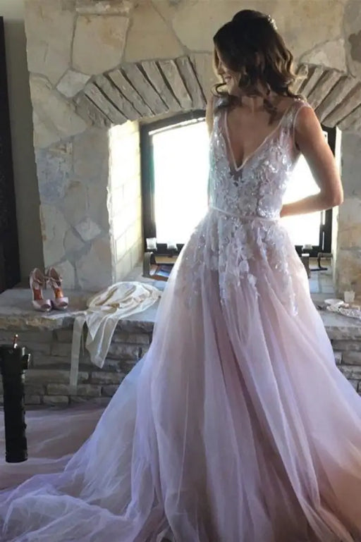 A-line V-neck Lilac Appliques Sleeveless Tulle Long Wedding Open Back Prom Dress - Prom Dresses