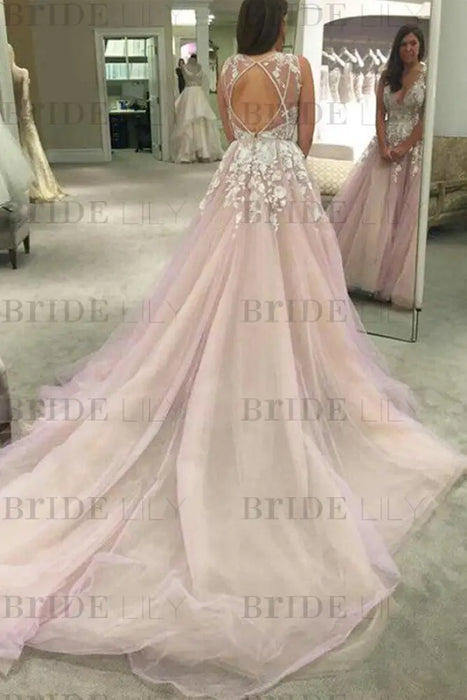 A-line V-neck Lilac Appliques Sleeveless Tulle Long Wedding Open Back Prom Dress - Prom Dresses