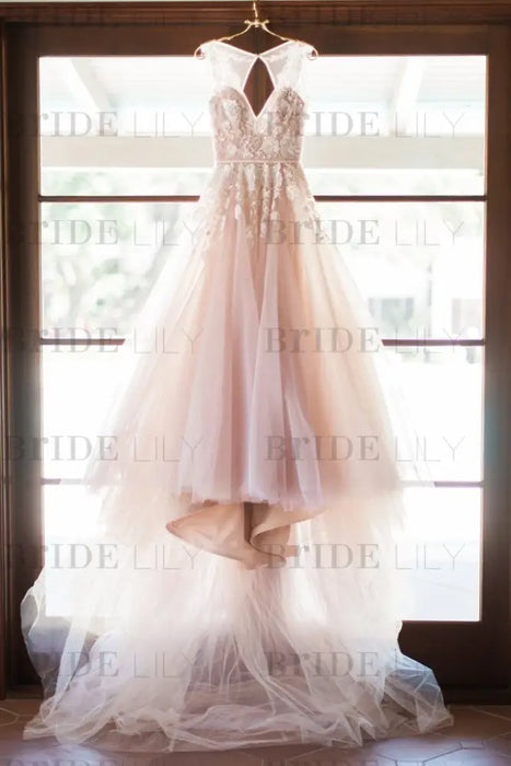 A-line V-neck Lilac Appliques Sleeveless Tulle Long Wedding Open Back Prom Dress - Prom Dresses