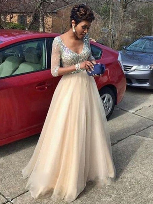 A-Line/Princess V-Neck Long Sleeves Beading Floor-Length Tulle Dresses - Prom Dresses