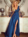 A Line V Neck Long Sleeves Lace Blue Prom Dresses with Side Slit, Long Sleeves Lace Blue Formal Dresses, Long Sleeves Blue Evening Dresses