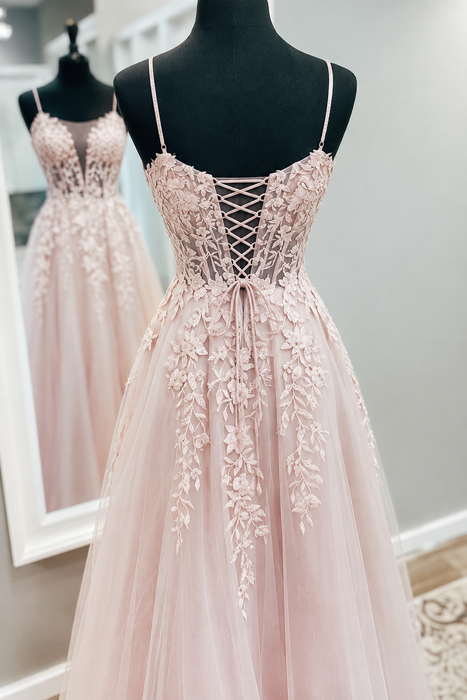 A Line V Neck Pink Tulle Lace Long Prom Dresses, Open Back Pink Formal Dresses, Pink Lace Evening Dresses 