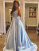 A-Line V-neck Sleeveless Sweep/Brush Train With Ruffles Satin Dresses - Prom Dresses