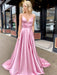 A Line V Neck Satin Backless Long Pink Prom Dresses with High Slit, V Neck Backless Pink Formal Dresses with Pocket, Backless Pink Evening Dresses