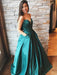 A Line V Neck Satin Long Emerald Green Prom Dresses with Pocket, V Neck Emerald Green Formal Dresses, Emerald Green Evening Dresses, Ball Gown