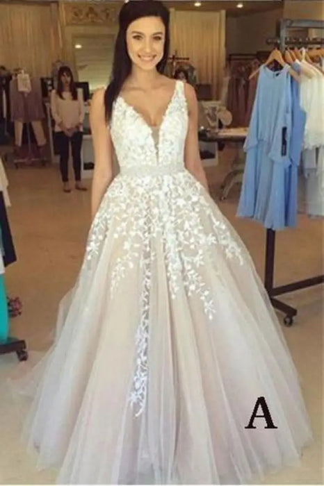 A-line V Neck Sexy Lace Appliques Long Wedding Dress - Wedding Dresses