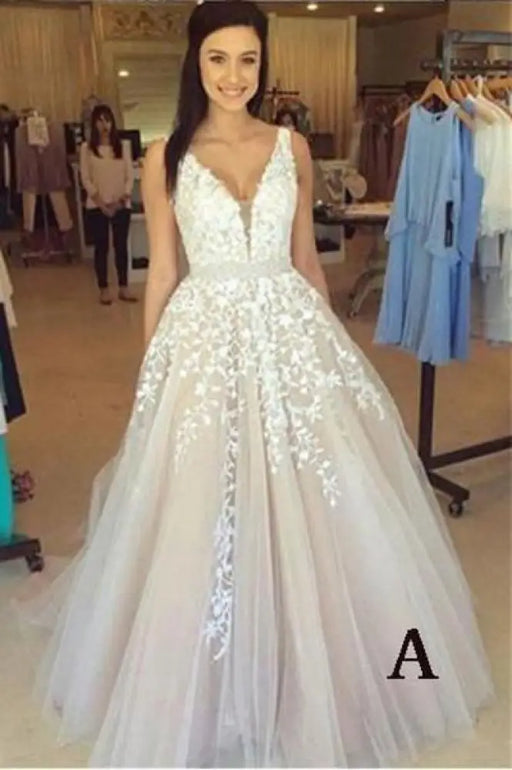 A-line V Neck Sexy Lace Appliques Long Wedding Dress - Wedding Dresses