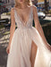 Bridal Dress 2021 A Line V Neck Sleeveless Beaded Court Train Front Split Tulle Bridal Gowns