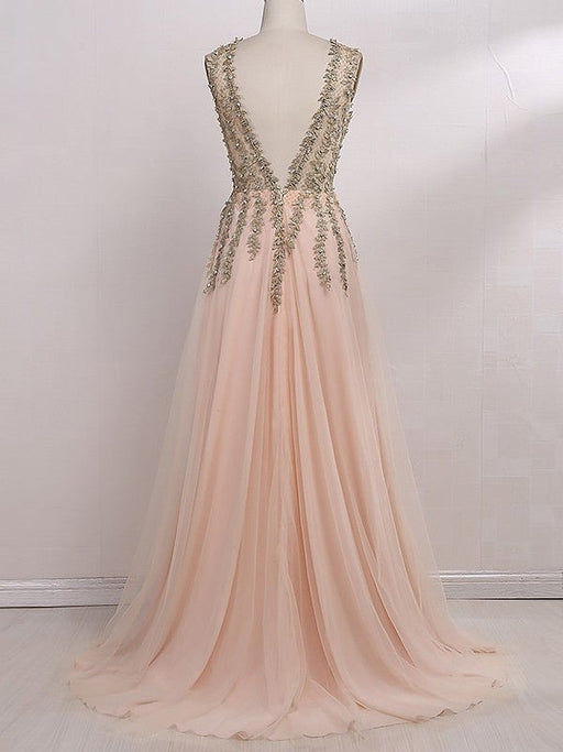 A-Line/Princess V-Neck Sleeveless Sweep/Brush Train Beading Tulle Dresses - Prom Dresses