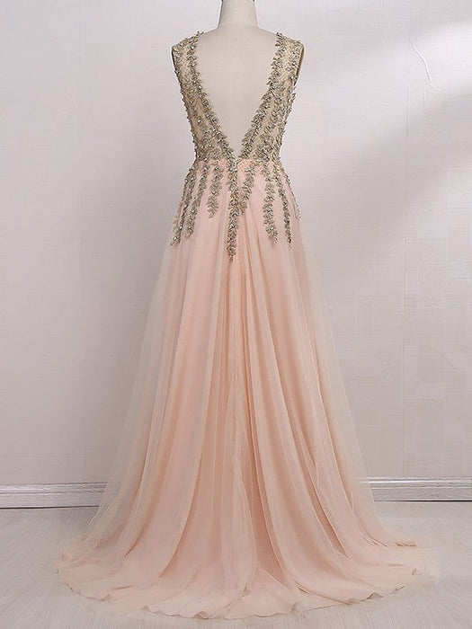 A-Line/Princess V-Neck Sleeveless Sweep/Brush Train Beading Tulle Dresses - Prom Dresses