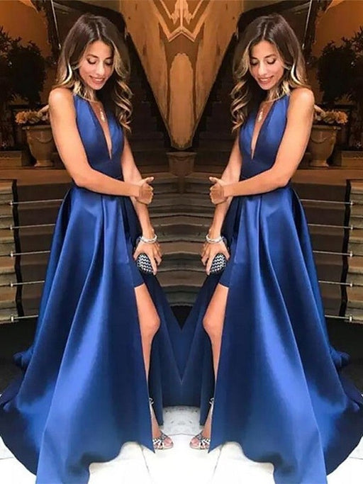 A-Line V-neck Sleeveless Sweep/Brush Train With Ruffles Satin Dresses - Prom Dresses