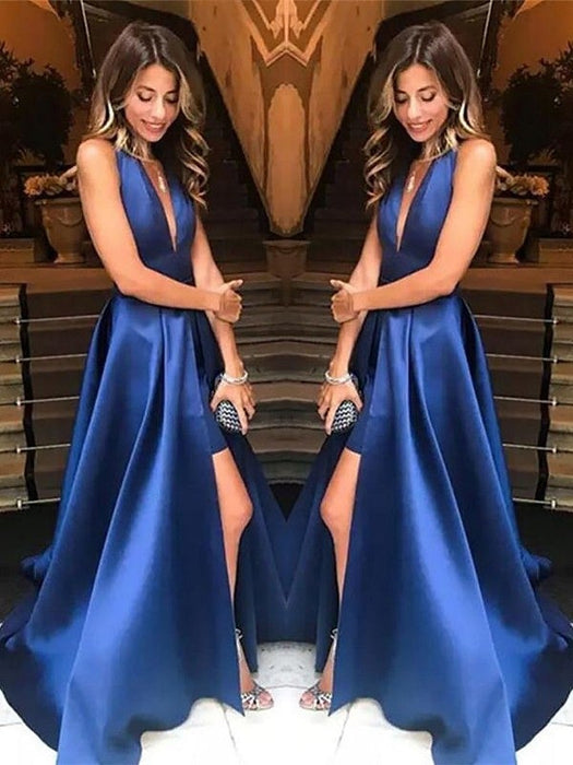 A-Line V-neck Sleeveless Sweep/Brush Train With Ruffles Satin Dresses - Prom Dresses