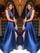 A-Line V-neck Sleeveless Sweep/Brush Train With Ruffles Satin Dresses - Prom Dresses
