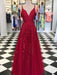 A Line V Neck tti Straps Floor Length Backless Burgundy/Red Lace Long Prom Dresses, Lace Burgundy/Red Formal Dresses