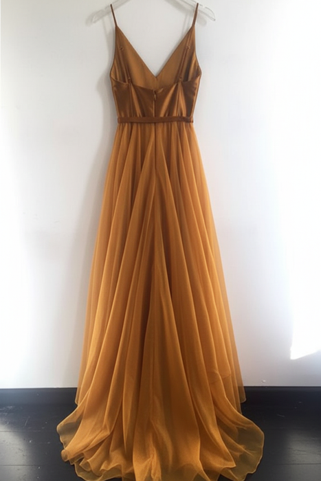 A Line V Neck Spaghetti Straps Tulle Prom Dresses