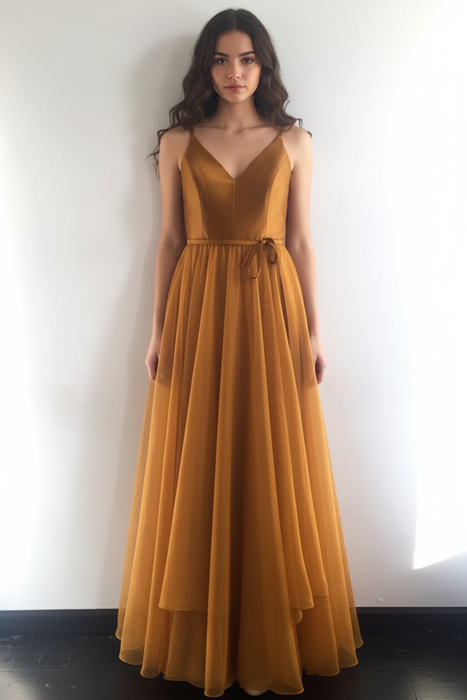 A Line V Neck Spaghetti Straps Tulle Prom Dresses