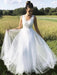 A Line V Neck Tulle Long Lace White Prom Dresses, V Neck White Lace Formal Dresses, Lace White Evening Dresses