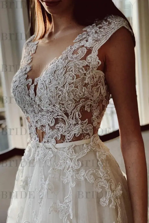 A-Line V-Neck Tulle Lace Wedding Dress with Applique - wedding dresses