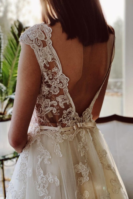 A-Line V-Neck Tulle Lace Wedding Dress with Applique - wedding dresses