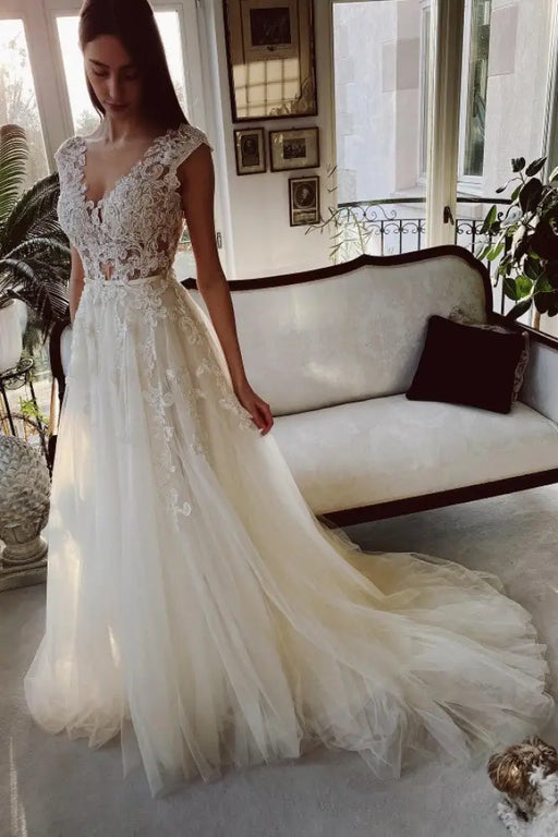 A-Line V-Neck Tulle Lace Wedding Dress with Applique - wedding dresses