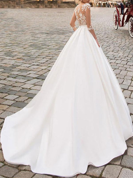 wedding dresses 2021 a line v neck half sleeve floor length lace appliqued satin vintage bridal gown with train