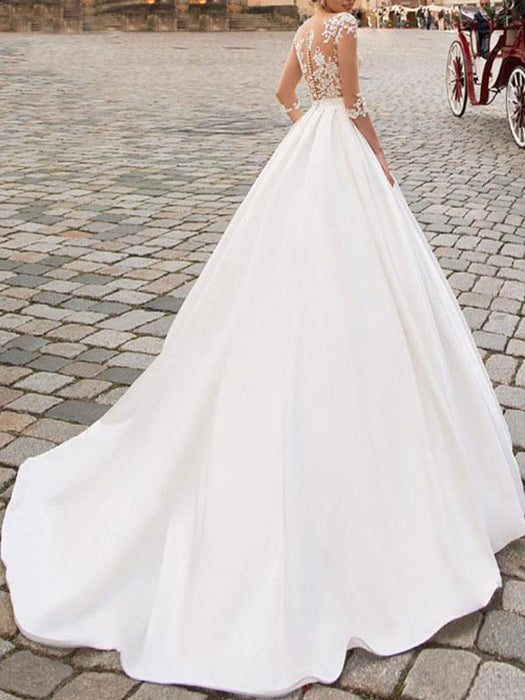 wedding dresses 2021 a line v neck half sleeve floor length lace appliqued satin vintage bridal gown with train