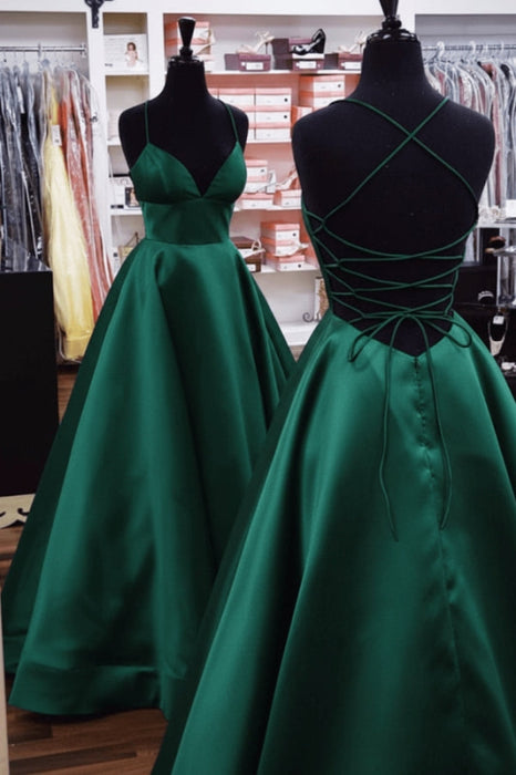 A Line V Neck Yellow Satin Prom Dress with Cross Back Backless Evening Dress - Dress