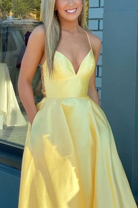 A Line V Neck Yellow Satin Prom Dress with Cross Back Backless Evening Dress - Dress