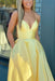 A Line V Neck Yellow Satin Prom Dress with Cross Back Backless Evening Dress - Dress