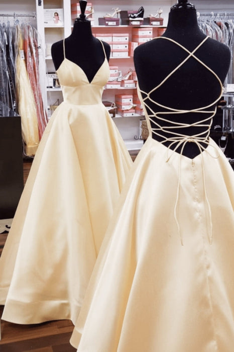 A Line V Neck Yellow Satin Prom Dress with Cross Back Backless Evening Dress - Dress
