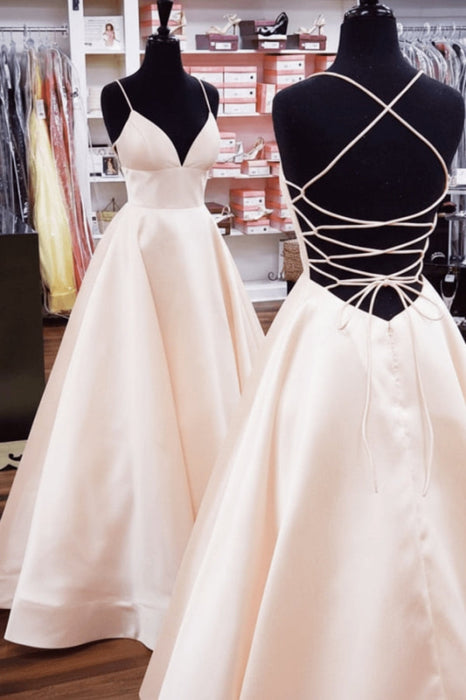 A Line V Neck Yellow Satin Prom Dress with Cross Back Backless Evening Dress - Dress