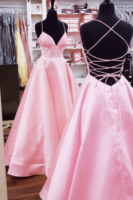 A Line V Neck Yellow Satin Prom Dress with Cross Back Backless Evening Dress - Dress
