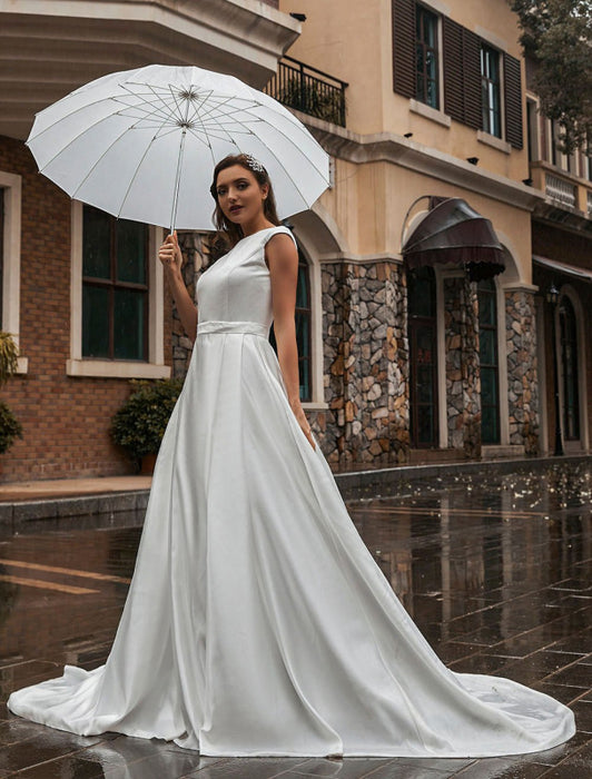A-line Wedding Dresses Sleeveless Sash Jewel Neck -Bridelily A-line Wedding Dresses Sleeveless Sash Jewel Neck -Bridelily