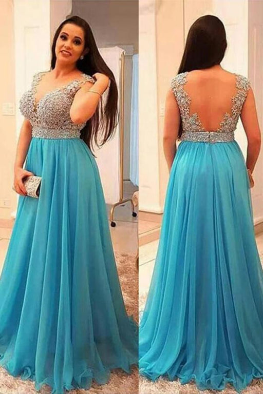 Affordable Exquisite Eye-catching A-Line V-neck Sleeveless Beading Brush Train Chiffon Plus Size Prom Dresses - Prom Dresses