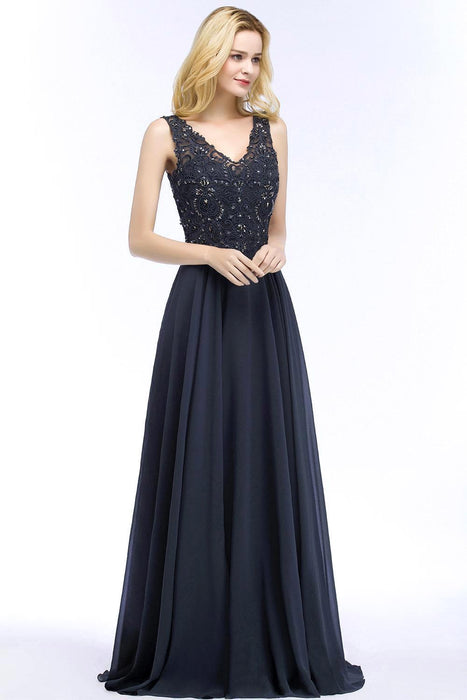 Elegant V-Neck Chiffon Aline Bridesmaid Dress Sleeveless Lace Beadings Wedding Guest Dress