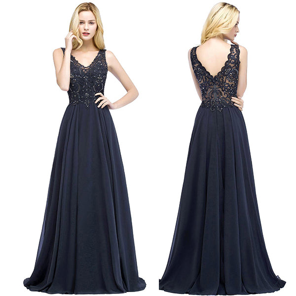 Elegant V-Neck Chiffon Aline Bridesmaid Dress Sleeveless Lace Beadings Wedding Guest Dress