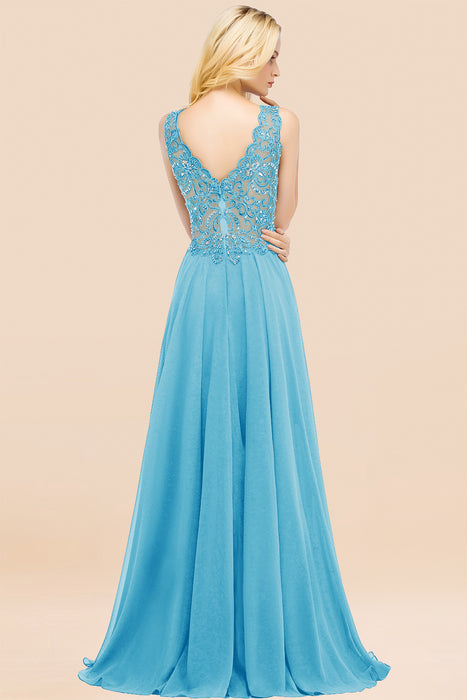 Elegant V-Neck Chiffon Aline Bridesmaid Dress Sleeveless Lace Beadings Wedding Guest Dress
