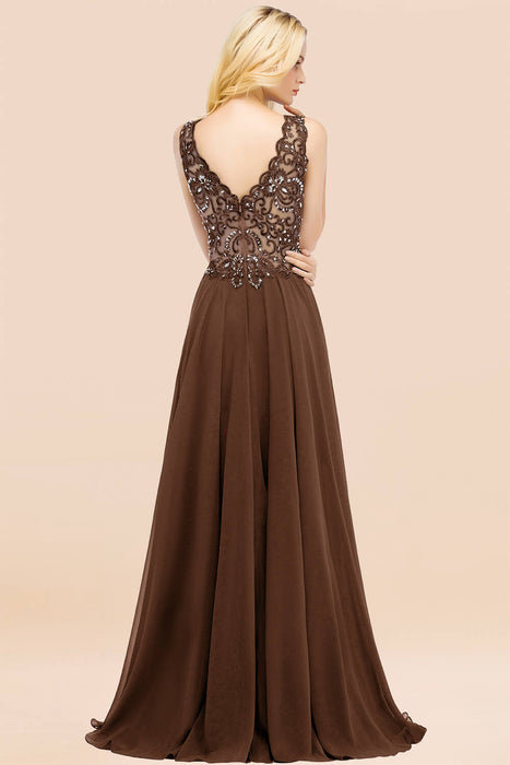 Elegant V-Neck Chiffon Aline Bridesmaid Dress Sleeveless Lace Beadings Wedding Guest Dress