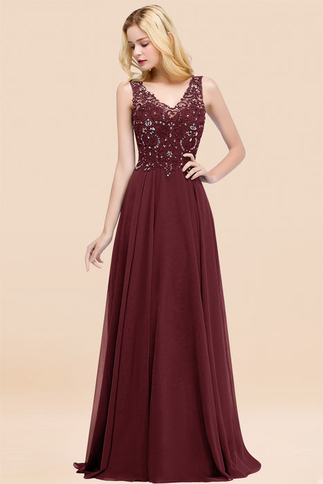 Elegant V-Neck Chiffon Aline Bridesmaid Dress Sleeveless Lace Beadings Wedding Guest Dress