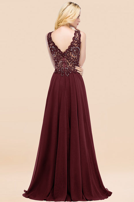 Elegant V-Neck Chiffon Aline Bridesmaid Dress Sleeveless Lace Beadings Wedding Guest Dress