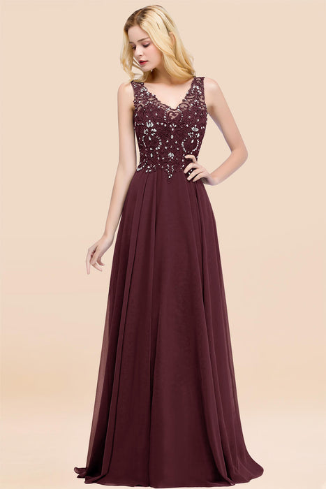 Elegant V-Neck Chiffon Aline Bridesmaid Dress Sleeveless Lace Beadings Wedding Guest Dress