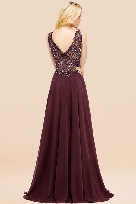 Elegant V-Neck Chiffon Aline Bridesmaid Dress Sleeveless Lace Beadings Wedding Guest Dress