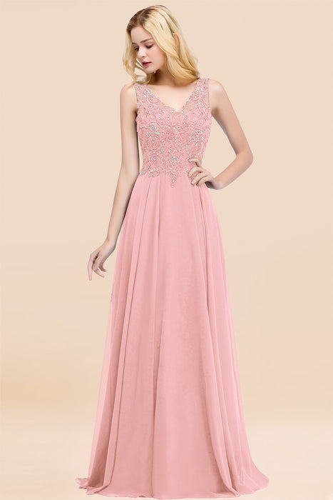 Elegant V-Neck Chiffon Aline Bridesmaid Dress Sleeveless Lace Beadings Wedding Guest Dress