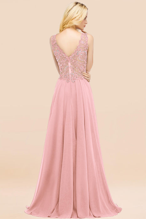 Elegant V-Neck Chiffon Aline Bridesmaid Dress Sleeveless Lace Beadings Wedding Guest Dress