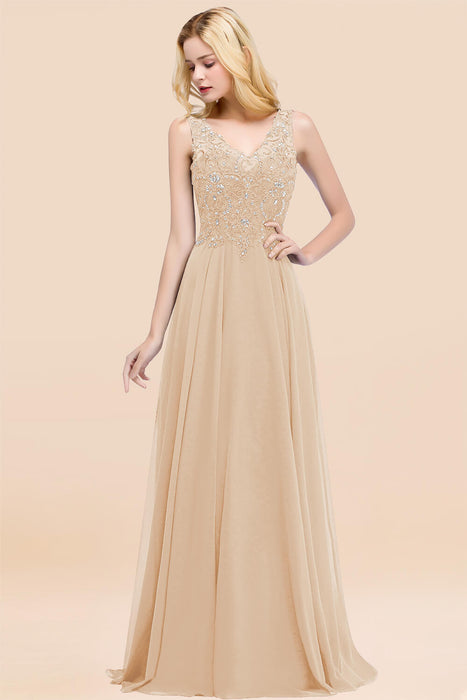 Elegant V-Neck Chiffon Aline Bridesmaid Dress Sleeveless Lace Beadings Wedding Guest Dress