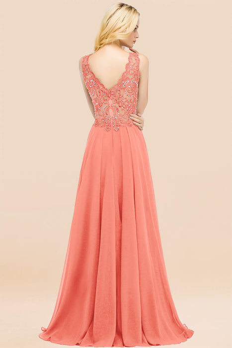 Elegant V-Neck Chiffon Aline Bridesmaid Dress Sleeveless Lace Beadings Wedding Guest Dress