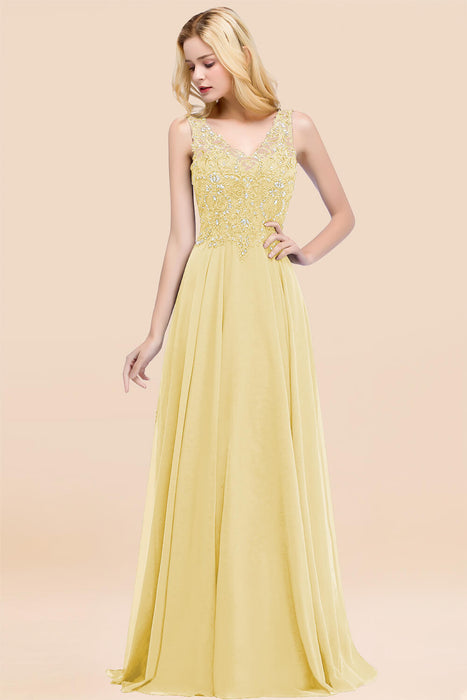 Elegant V-Neck Chiffon Aline Bridesmaid Dress Sleeveless Lace Beadings Wedding Guest Dress